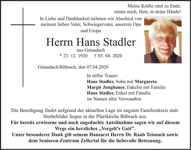Traueranzeige Stadler Hans