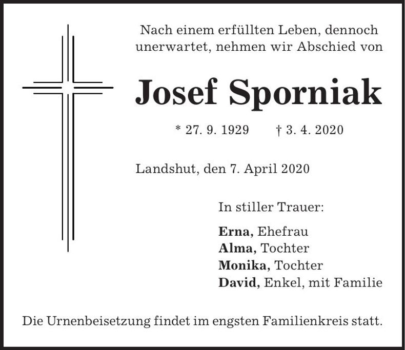 Traueranzeige Josef Sporniak