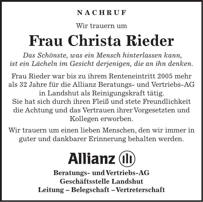 Traueranzeige Christa Rieder