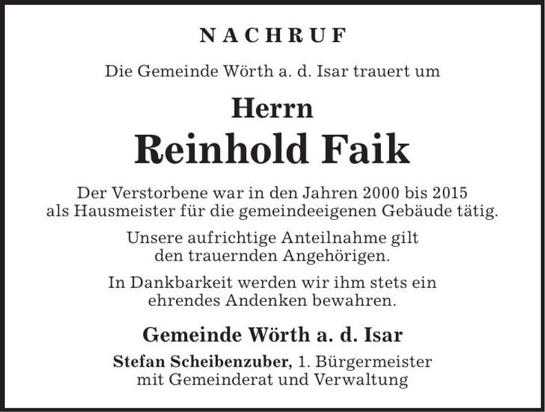 Traueranzeige Reinhold Faik