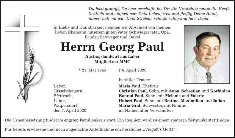 Traueranzeige Georg Paul