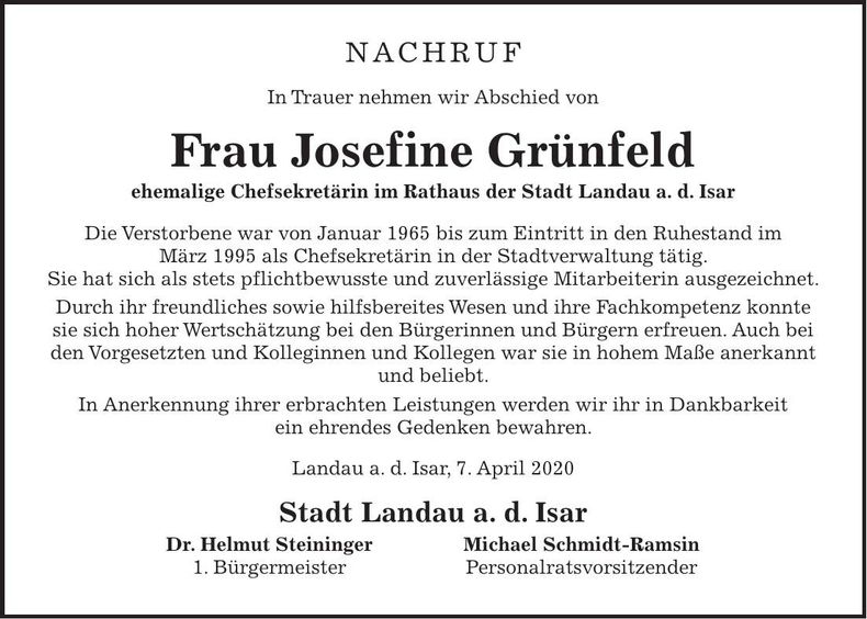 Traueranzeige Josefine Grünfeld