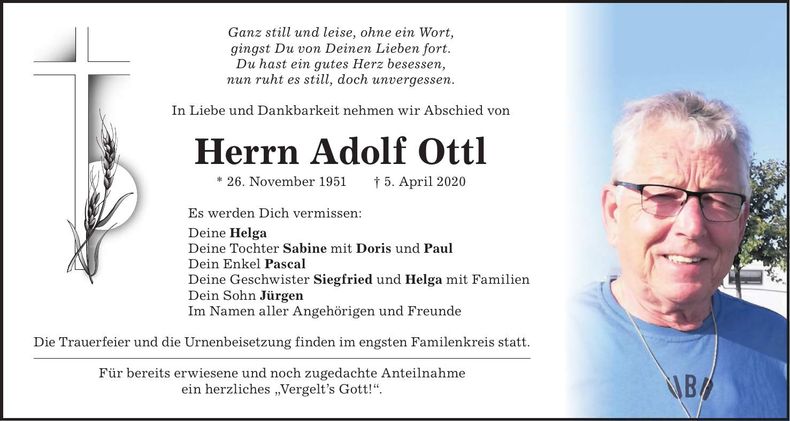 Traueranzeige Adolf Ottl