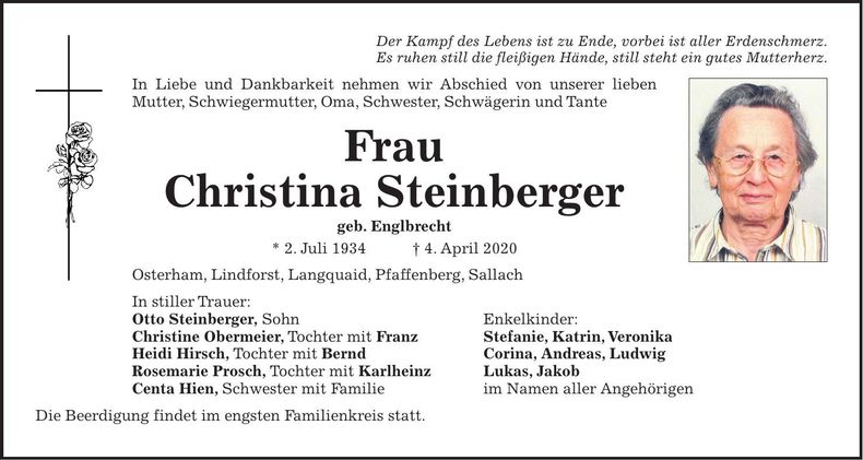 Traueranzeige Christina Steinberger