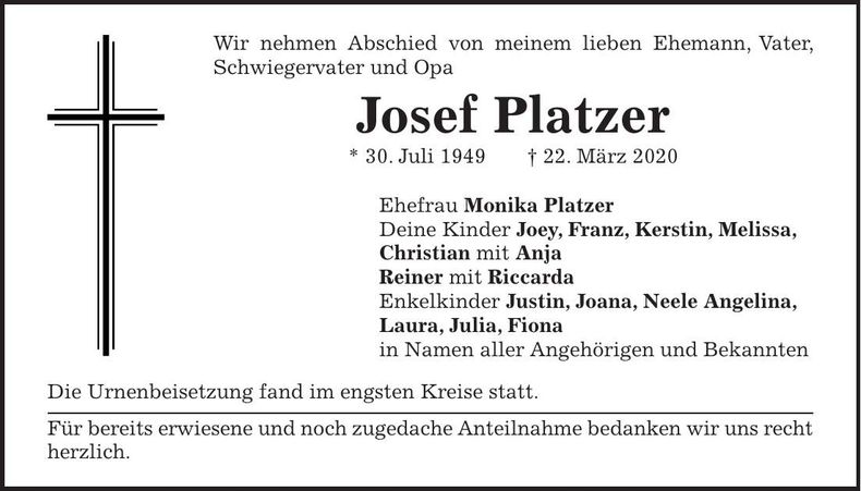 Traueranzeige Josef Platzer