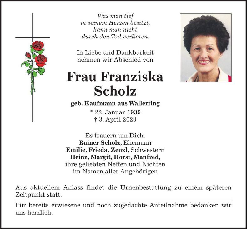Traueranzeige Franziska Scholz