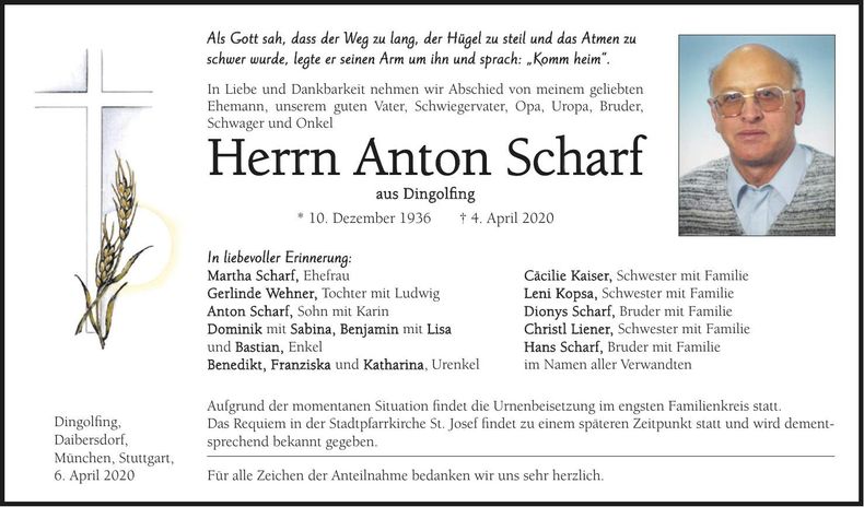 Traueranzeige Anton Scharf