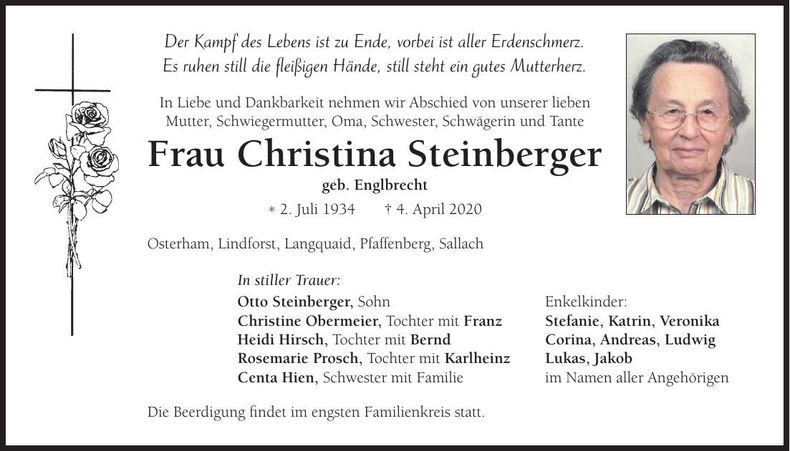 Traueranzeige Christina Steinberger