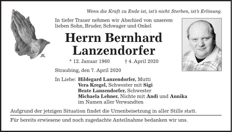 Traueranzeige Bernhard Lanzendorfer