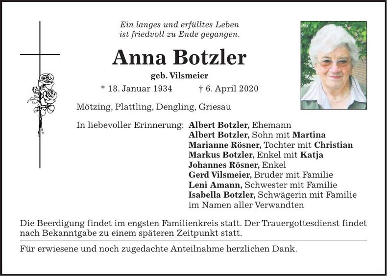 Traueranzeige Anna Botzler