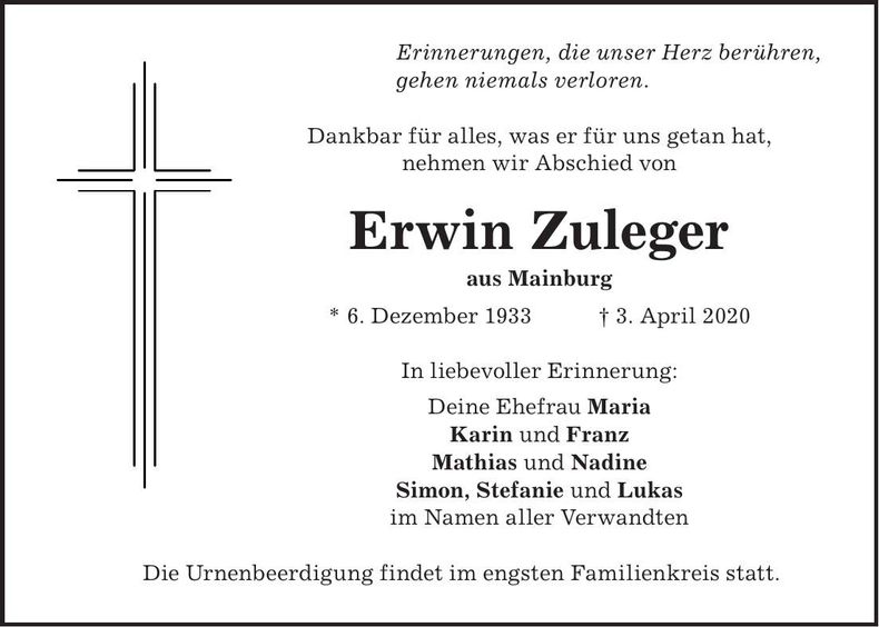 Traueranzeige Erwin Zuleger