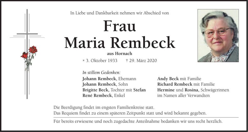 Traueranzeige Maria Rembeck
