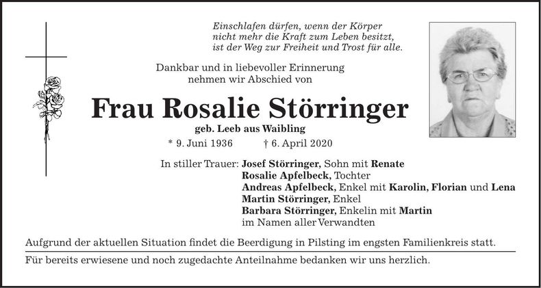 Traueranzeige Rosalie Störringer