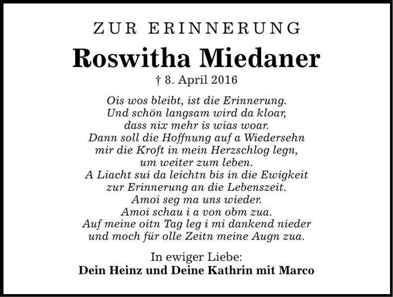 Traueranzeige Roswitha Miedaner