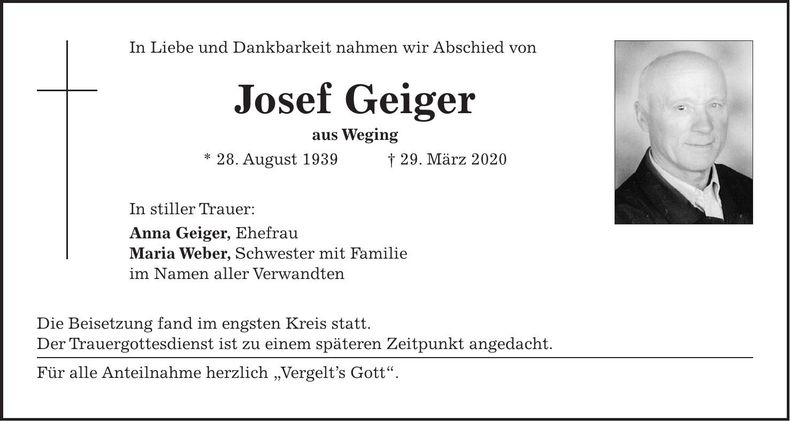 Traueranzeige Geiger Josef