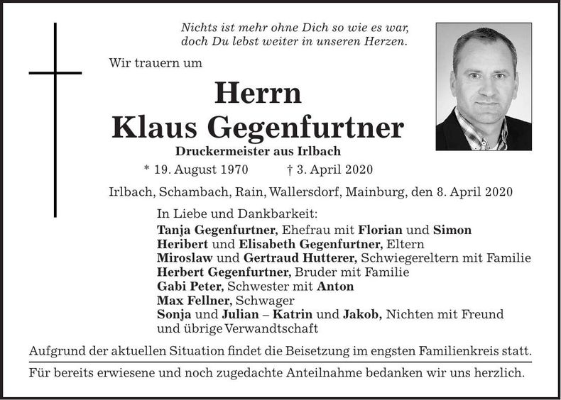 Traueranzeige Klaus Gegenfurtner