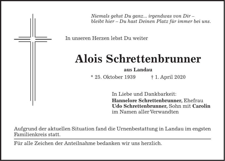 Traueranzeige Alois Schrettenbrunner