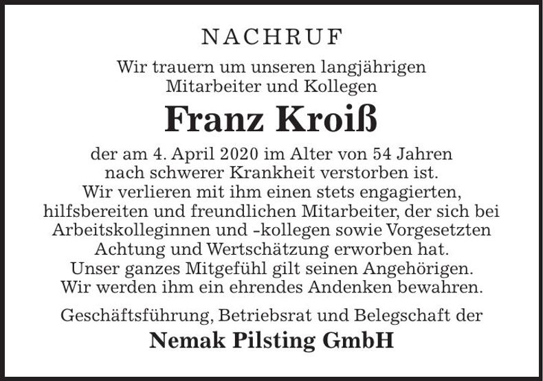 Traueranzeige Franz Kroiß