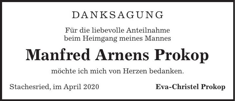 Traueranzeige Manfred Arnens Prokop