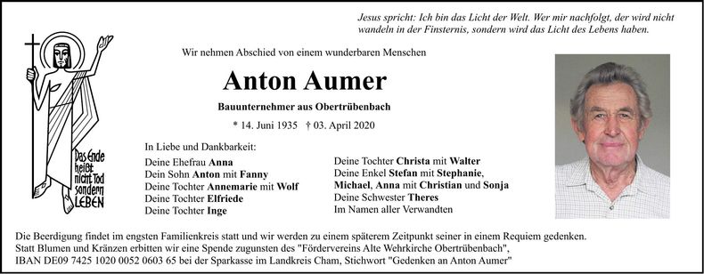 Traueranzeige Anton Aumer