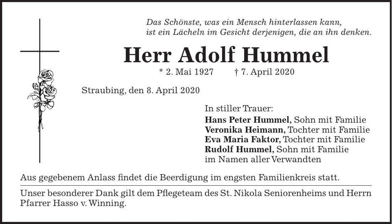 Traueranzeige Adolf Hummel