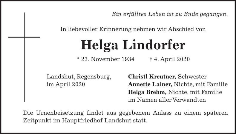 Traueranzeige Helga Lindorfer