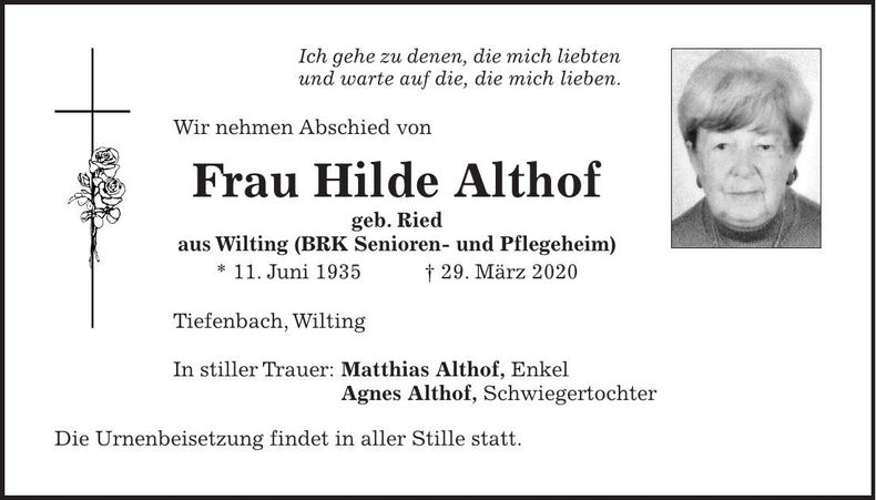 Traueranzeige Hilde Althof