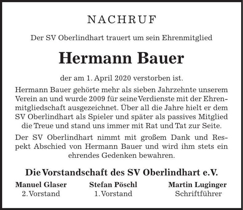 Traueranzeige Hermann Bauer