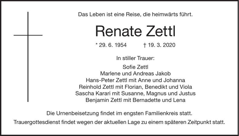 Traueranzeige Renate Zettl