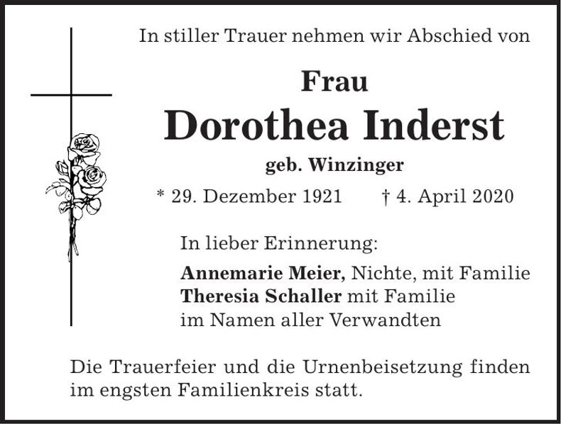 Traueranzeige Dorothea Inderst