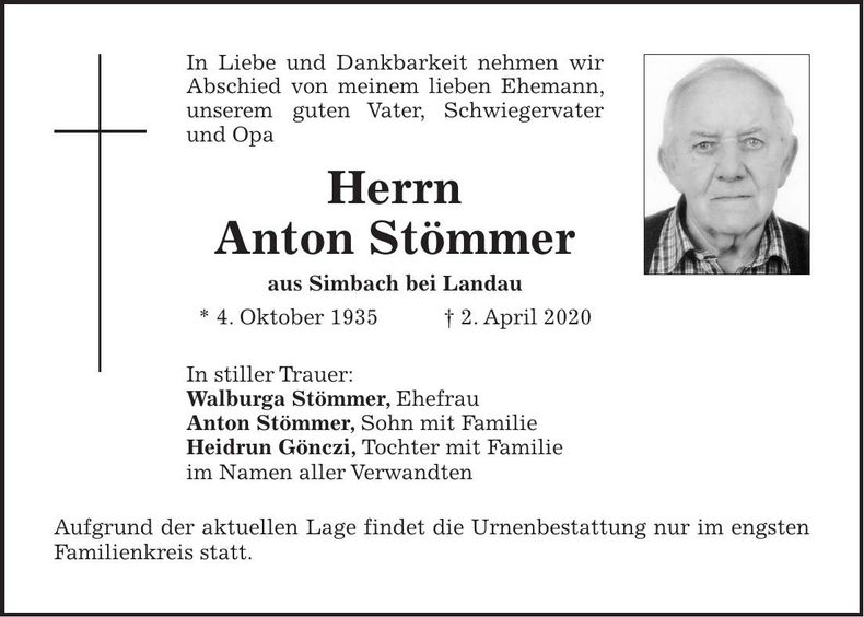 Traueranzeige Anton Stömmer