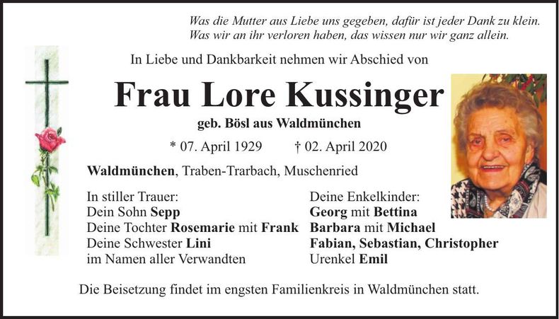 Traueranzeige Lore Kussinger
