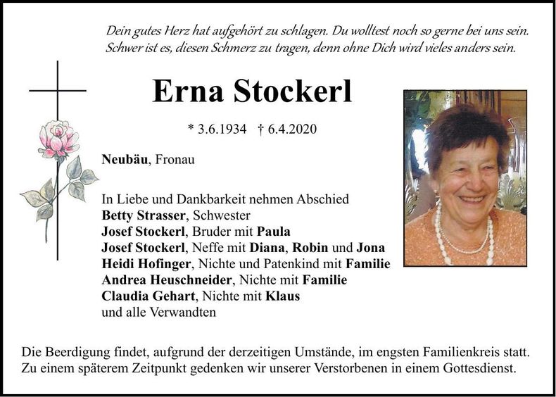 Traueranzeige Erna Stockerl
