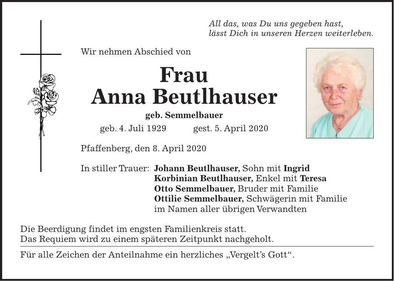 Traueranzeige Anna Beutlhauser