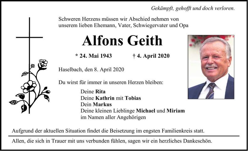 Traueranzeige Alfons Geith