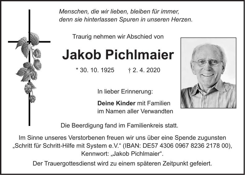 Traueranzeige Jakob Pichlmaier