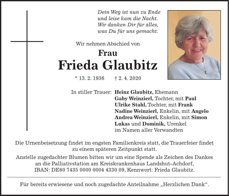 Traueranzeige Frieda Glaubitz