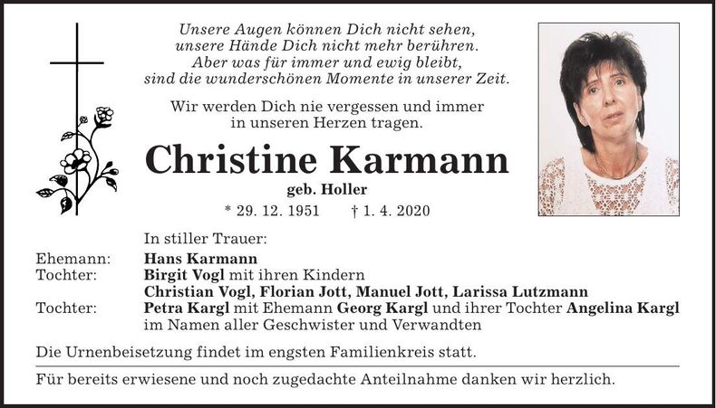 Traueranzeige Christine Karmann