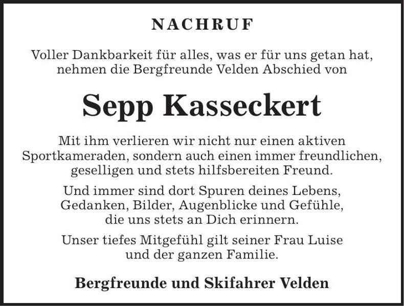 Traueranzeige Sepp Kasseckert