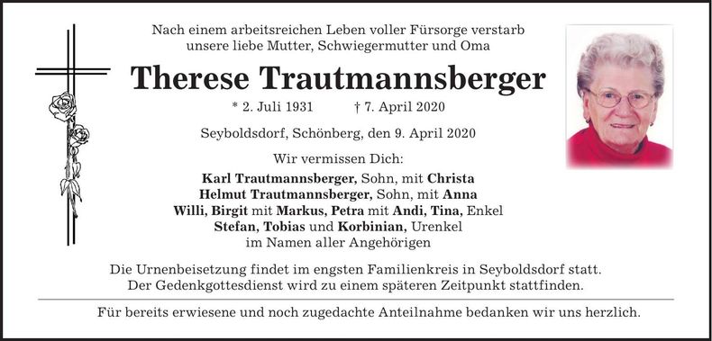 Traueranzeige Therese Trautmannsberger