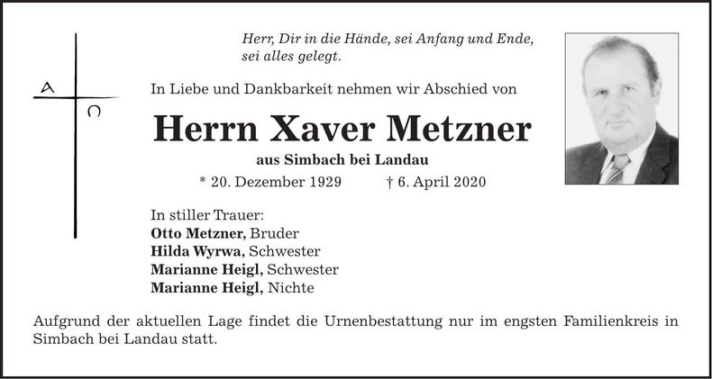 Traueranzeige Xaver Metzner