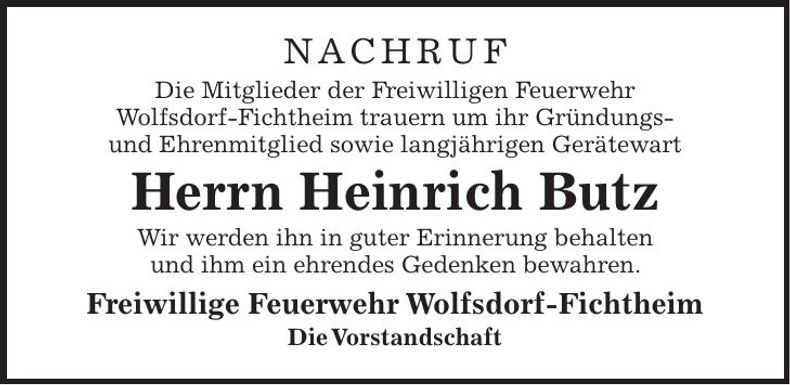 Traueranzeige Heinrich Butz