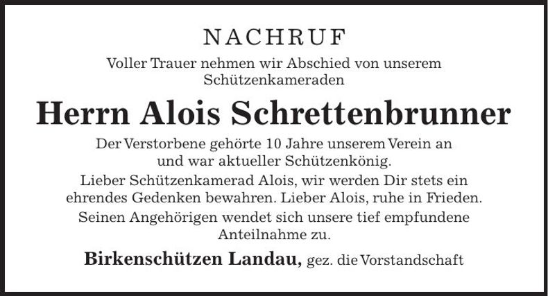 Traueranzeige Alois Schrettenbrunner