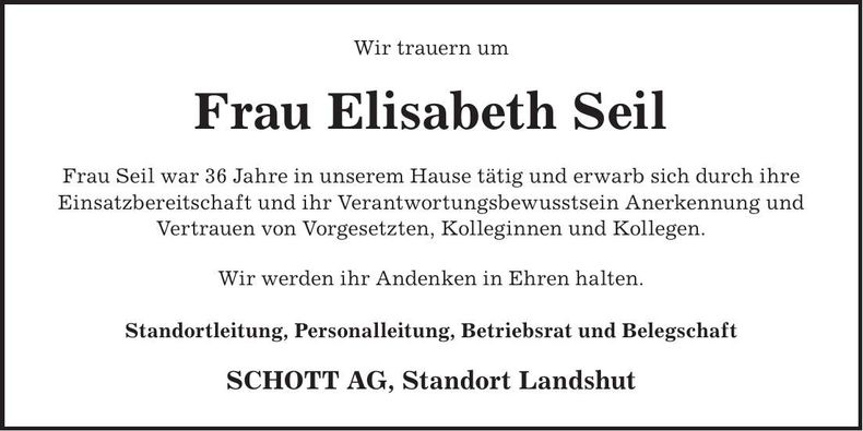 Traueranzeige Elisabeth Seil