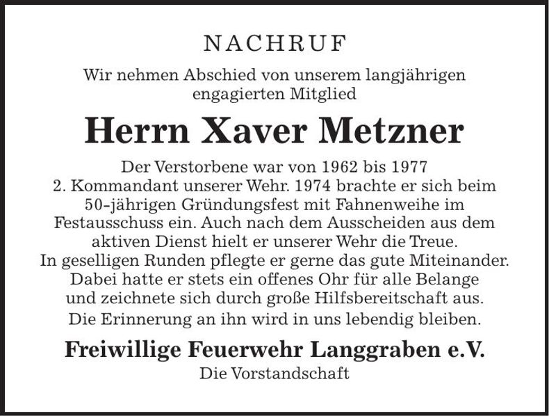 Traueranzeige Xaver Metzner