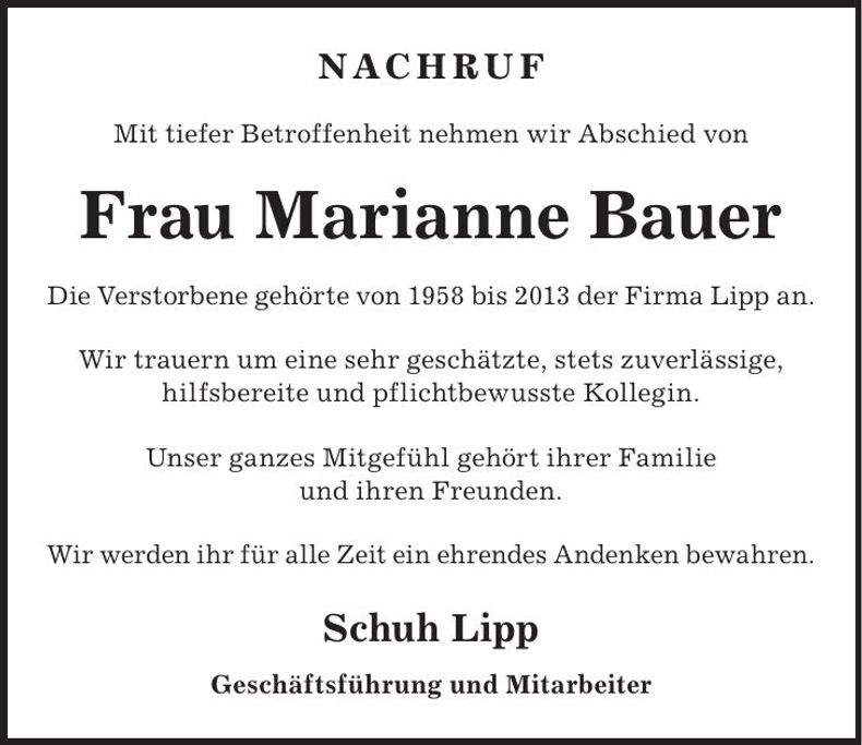 Traueranzeige Marianne Bauer
