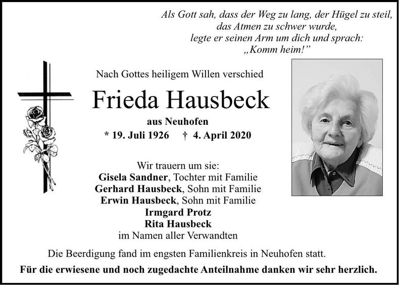 Traueranzeige Frieda Hausbeck