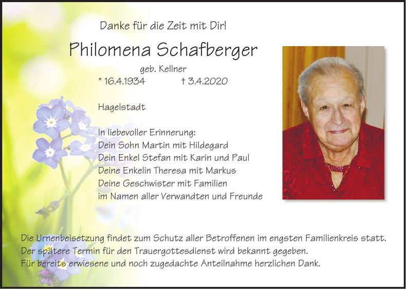 Traueranzeige Philomena Schafberger