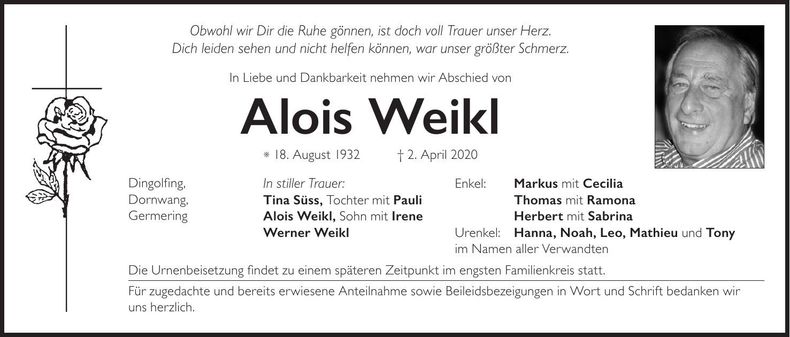 Traueranzeige Alois Weikl