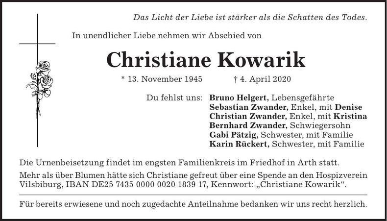 Traueranzeige Christiane Kowarik